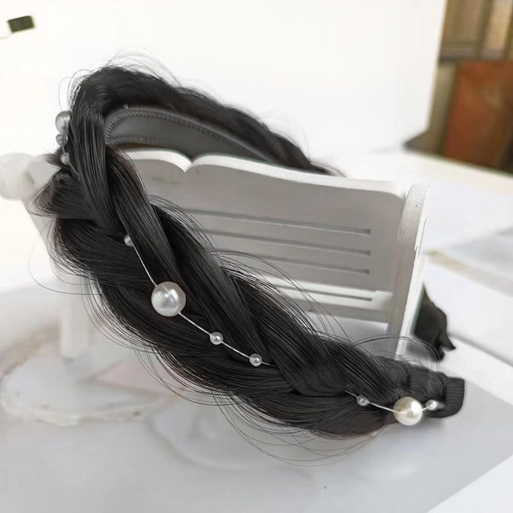S.A.V.I Natural Black Braided Hairband for Women & Girls | Faux Hair Braid Headband with Pearls | Stylish Hair Accessory for Party, Wedding, Daily | 13x15 cm Elegant Look