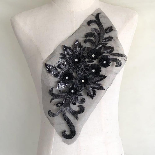 S.A.V.I 3D Black Embroidered Applique Patch | Floral Lace Mesh with Beads  Sequins | 15.3x7.5 inch | DIY Bridal, Lehenga, Saree, Gown, Dress, Blouse  Craft Sewing Accessory | 1PC (Black)