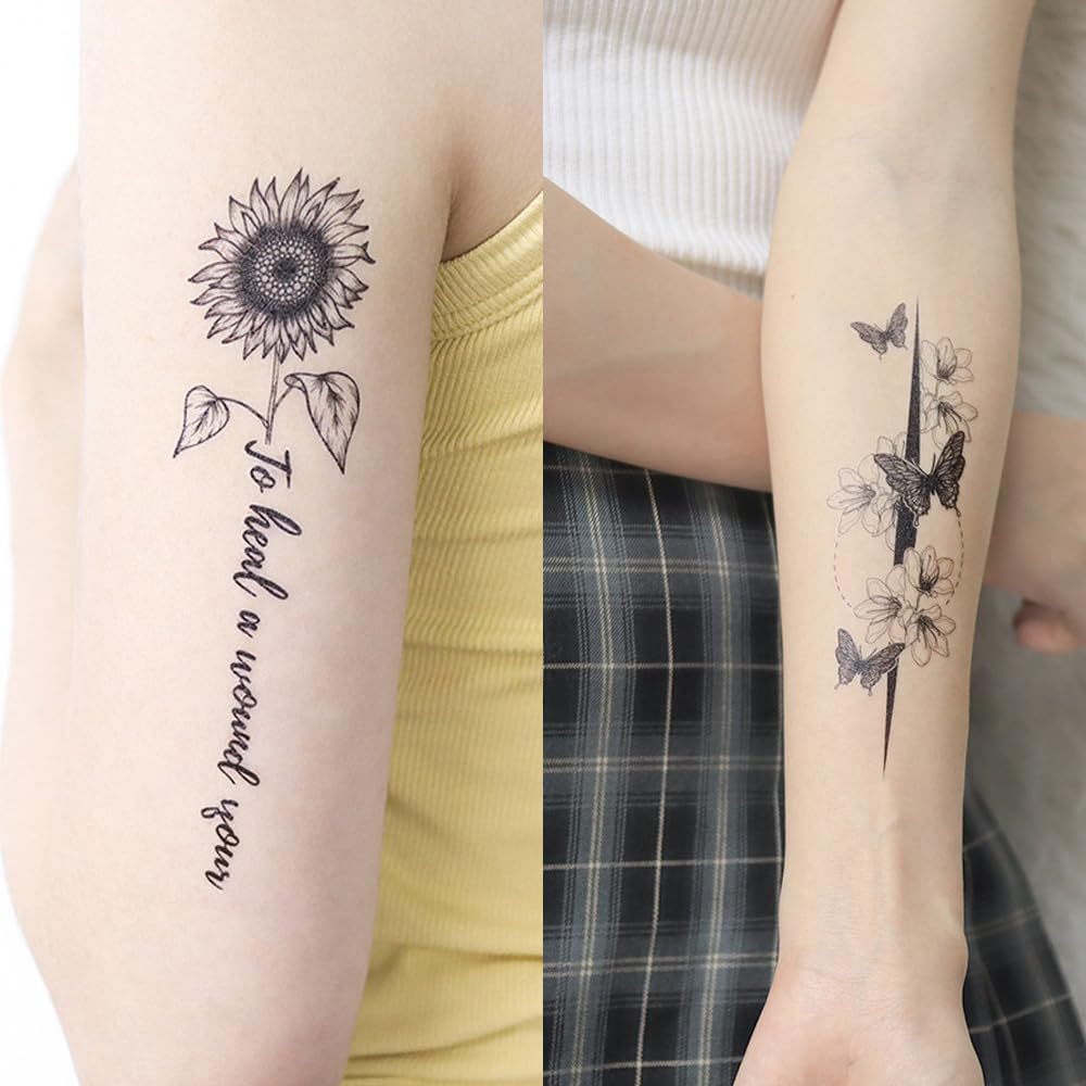 S.A.V.I 3 Pcs Black Floral Temporary Tattoo Stickers for Women & Girls – 16x9 cm Safe Non-Toxic Body Art – Waterproof Butterfly, Sunflower, Quotes Design for Arm, Back & Shoulder (11)