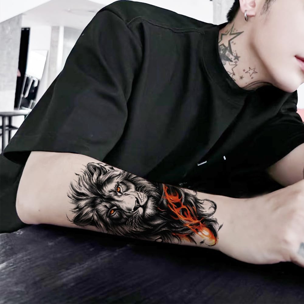 S.A.V.I 3 Majestic Lion & Tiger Temporary Tattoo Sheets for Men & Women | Large 21x11cm Arm Sleeve Stickers | Realistic Black & Orange Flame Body Art | Safe, Non-Toxic & Long Lasting (Wild-1)