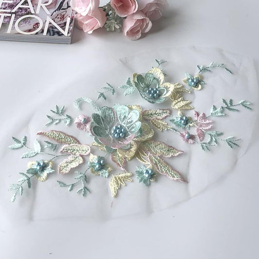 S.A.V.I 1PC 3D Flower Beaded Mesh Lace Fabric with Butterfly Embroidery Applique | Sew-on for Wedding Dress Decoration | Elegant Bridal Fabric | Best Crafting Material (Green)