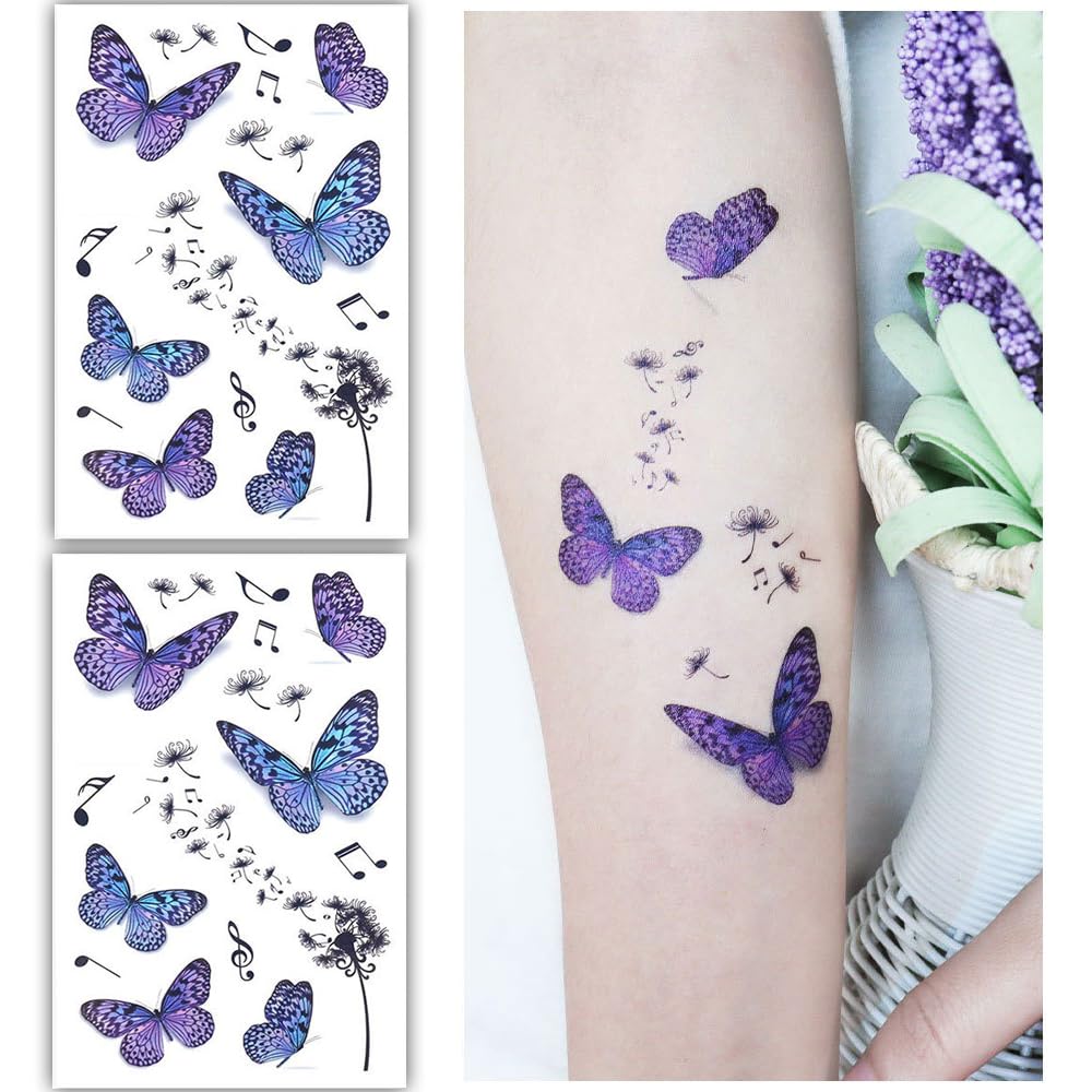 S.A.V.I 2 Sheets - Colorful Butterfly Temporary Tattoo Stickers - Vibrant Body Art with Music Notes  Dandelion Designs - Perfect for Kids  Adults - Durable, Waterproof, Easy to Apply - 12x7.5 cm