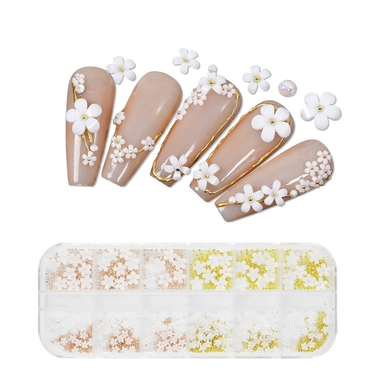 S.A.V.I 12 Grids Box, Five Petal White Flowers, Gold, Rose Gold Metal Beads, Balls Caviar, Nail Art