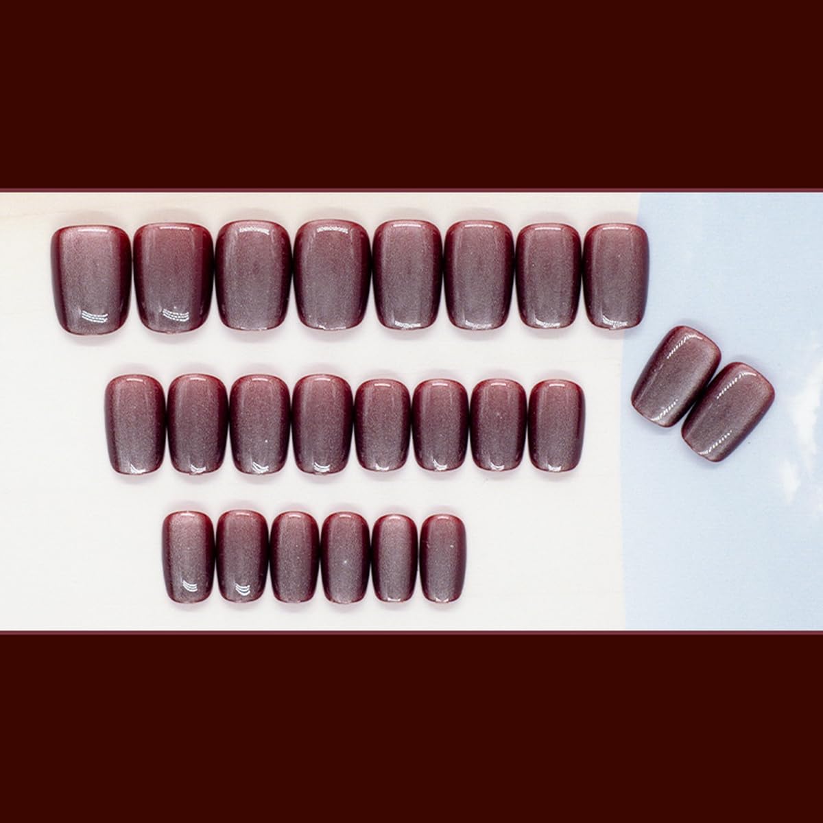 S.A.V.I 24 Pcs Short Natural Shape False Nails for Women | Maroon Cat’s Eye Glossy Press On Set with Glue & Adhesive Tabs | Reusable Artificial Tips, Easy Application & Removal
