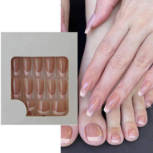 S.A.V.I 48 Pcs Nude French Coffin Press On Nails Combo for Hands & Feet | Long Glossy Fake Nails Set | Reusable Manicure & Pedicure Tips Kit for Women & Girls | Nail Art Extension Look