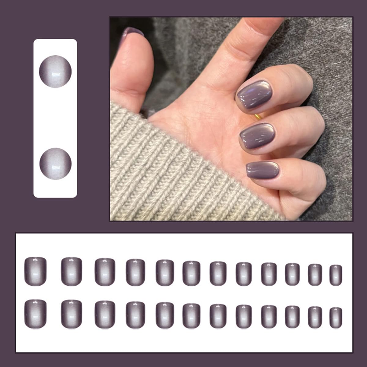S.A.V.I Cat’s Eye Grey Short Square Fake Nails for Women – 24pcs Natural Glossy Press On Nails with Glue & Adhesive Tabs, Durable Reusable Nail Art Kit for Stylish DIY Manicure at Home