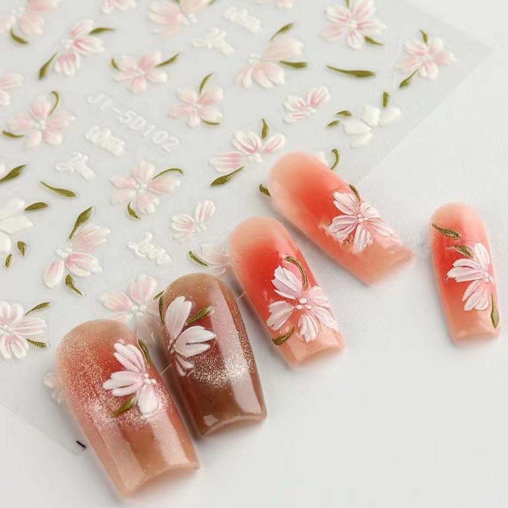 S.A.V.I 3 Sheets 5D Pink Floral Nail Art Stickers for Women – Self-Adhesive Decals, Easy Peel & Stick, Long-Lasting Manicure Decoration for Natural & Acrylic Nails, 10x7cm DIY Nail Designs