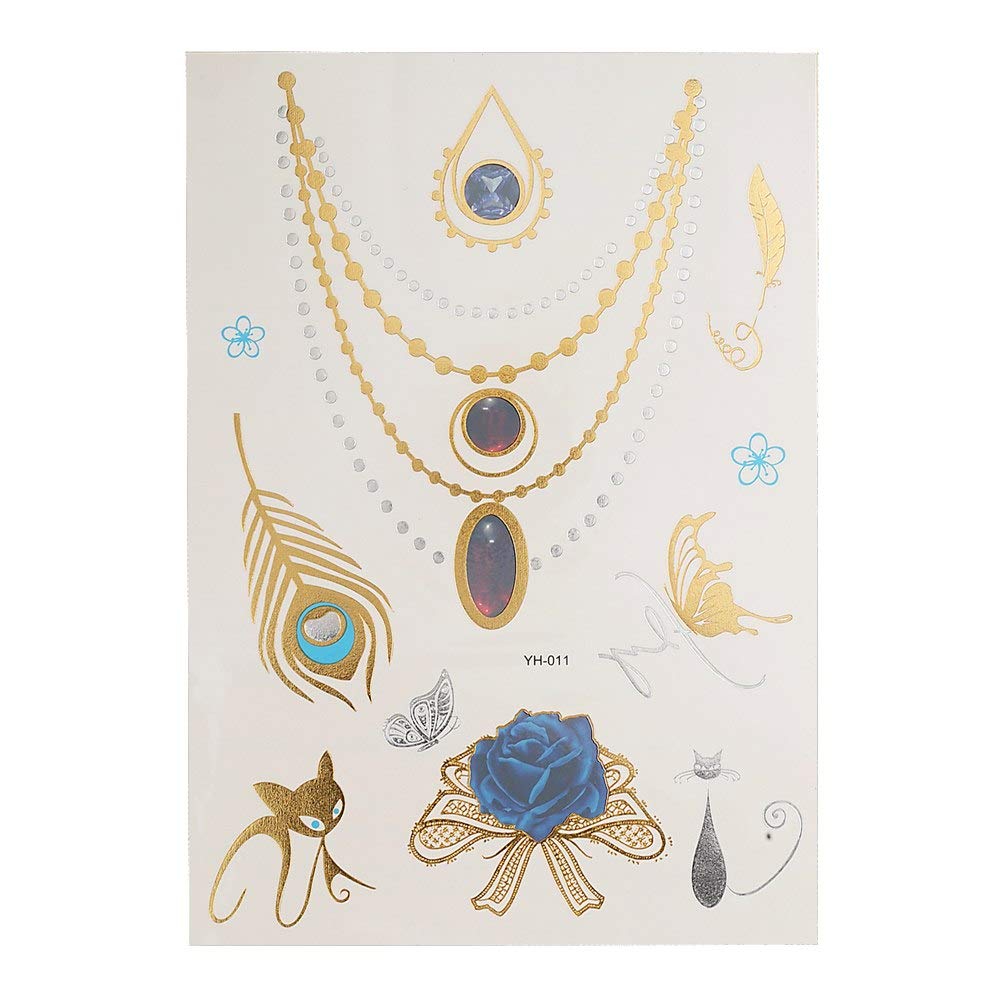 S.A.V.I 3D Temporary Tattoo Golden and Silver Metallic Sticker Virtual Beach Necklace With Leaves Design Size 21x15cm - 1pc. (11), Gold, 2 g