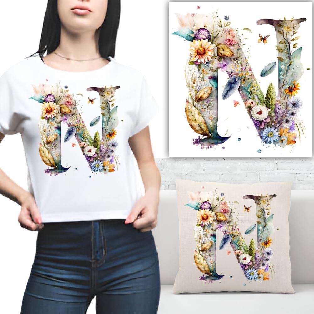 S.A.V.I 1PC Floral Alphabet Iron-On Patch – Washable Heat Transfer Sticker for DIY T-Shirts, Jeans, Pillows, Backpacks, Hats – Easy Applique with Beautiful Flower Design – Clothing  Accessories Patch (N)