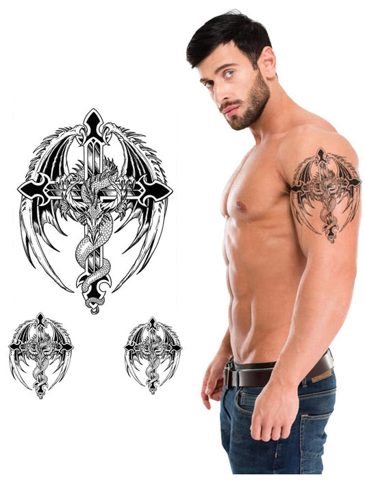 S.A.V.I 3D Temporary Tattoo Black Totem Cross Wings Dragon Design Size 19x12CM - 1PC.