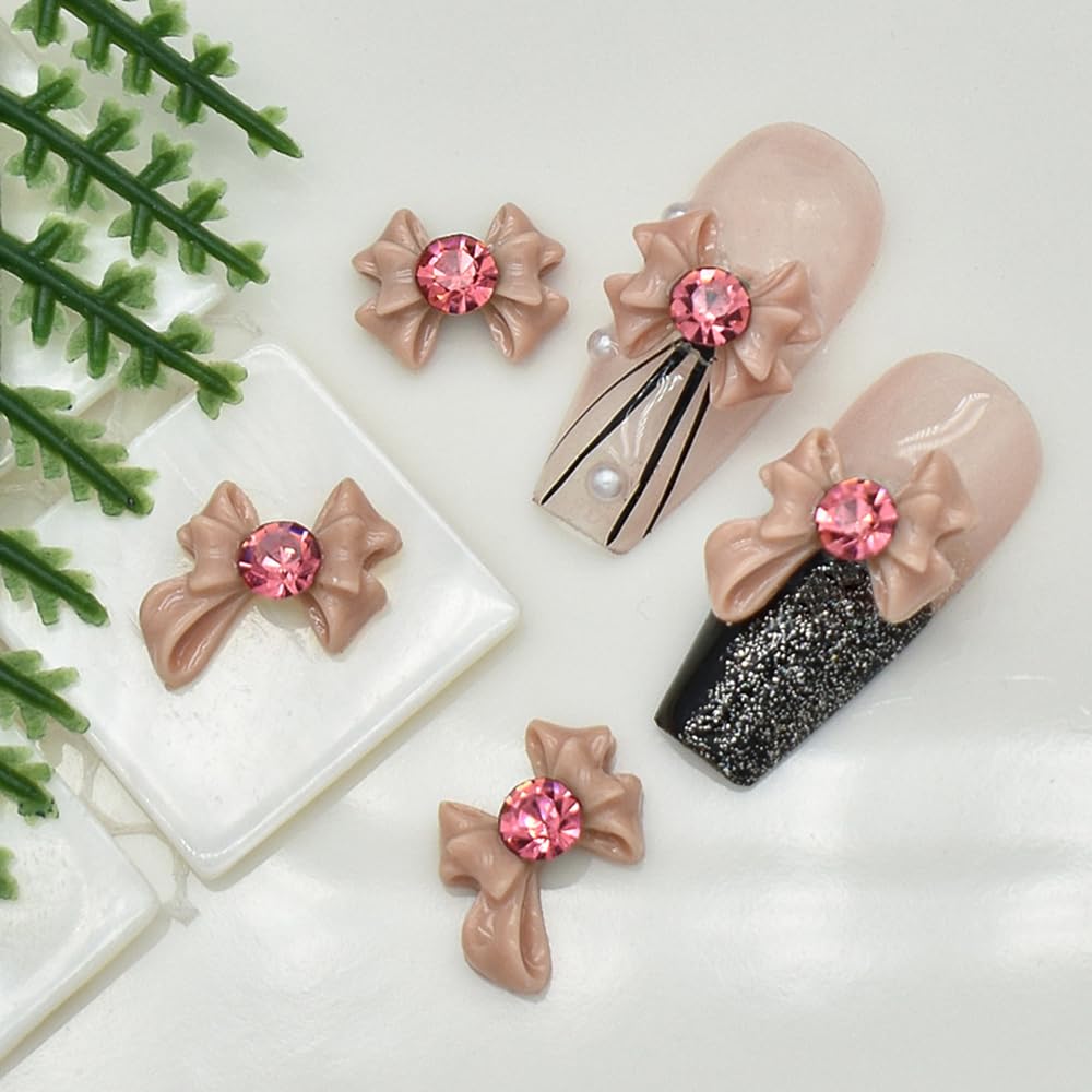 S.A.V.I 3D Nude Bow Nail Art Decorations with Pink Rhinestones – Set of 10 Resin Big Bows (2 Designs) for DIY Nail Art, Manicure, Nail Tips, Extensions & Salon Use