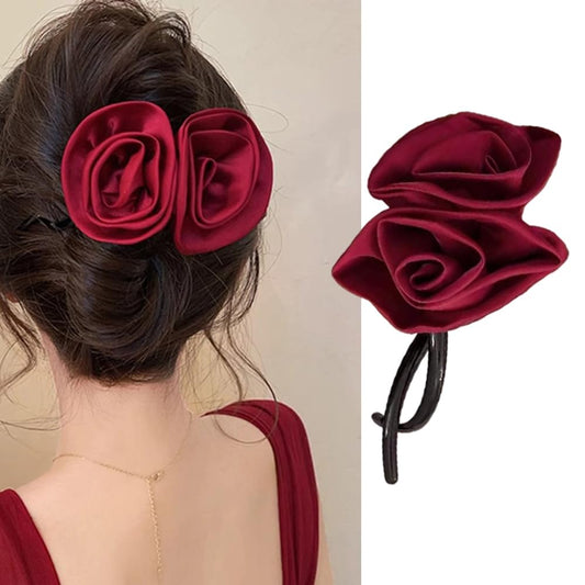 S.A.V.I Red Satin Rose Hair Clip for Women  Girls | Elegant Floral Hair Accessory for Weddings, Parties  Daily | Stylish Rose Design Claw Clip for Strong Grip | Trendy  Durable Hair Clutcher