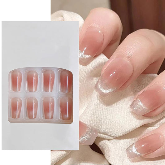 S.A.V.I 24 PCS Nude  Pink Blush Cat's Eye Long Coffin Fake Nails – DIY Manicure Kit, Elegant Press-On False Nails, Natural Look, Comfortable  Durable Nail Extensions for Women