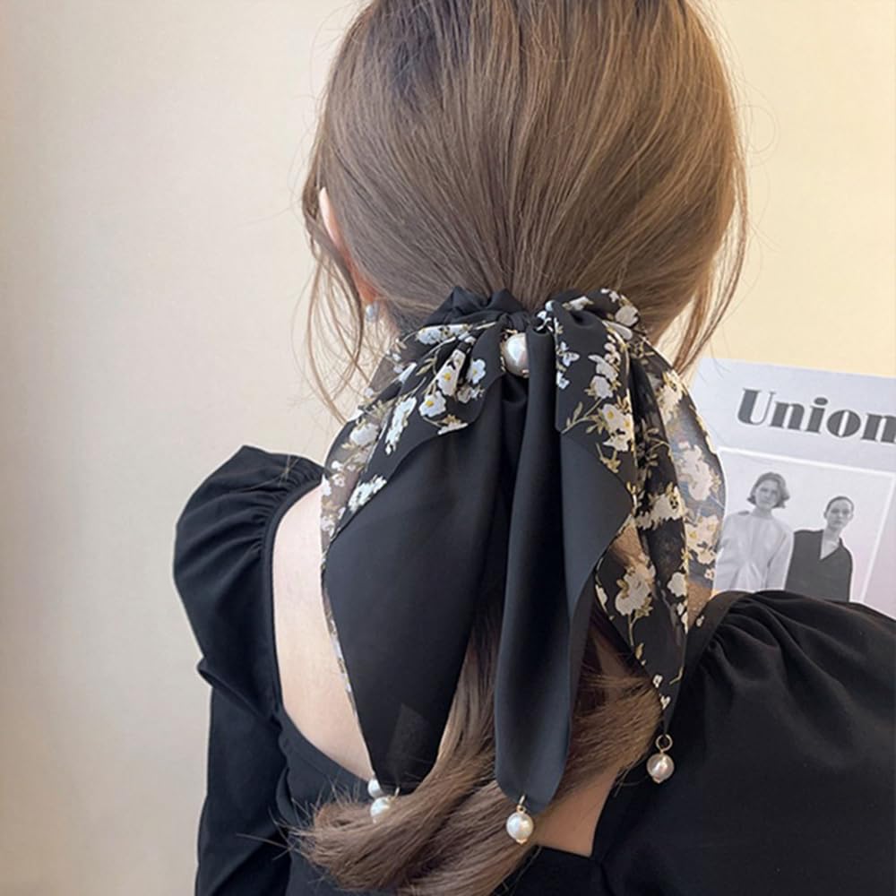 S.A.V.I Black Floral Hair Scrunchie for Women & Girls | Satin & Chiffon Bow with Pearl | Stylish Ponytail Holder | Elegant Rubber Band for Daily, Party & Ethnic | 24x12 cm