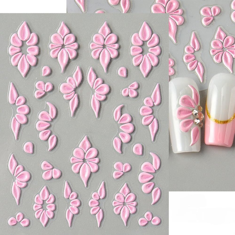 S.A.V.I 3D Self-Adhesive Nail Art Stickers – 2 Sheets Pink & White Floral Embossed Design, Easy Peel & Stick, Long-Lasting Manicure Decoration for DIY Nail Extensions & Professional Salon Use