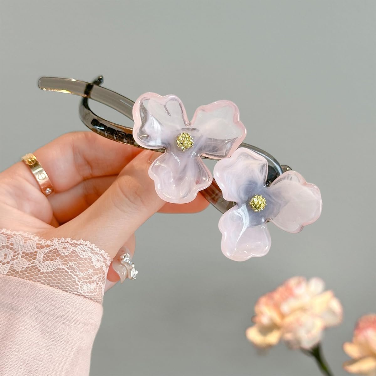 S.A.V.I Trending Pink Flower Hair Clip for Women & Girls | Elegant 12.7 cm Long Black Plastic Hairpin with Dual Resin Floral Design | Durable Grip Stylish Hair Accessory for Party, Wedding, Daily