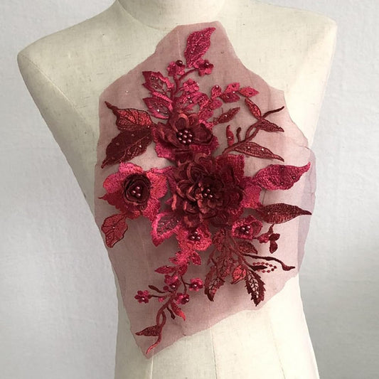 S.A.V.I 3D Floral Lace Applique Patch – Handcrafted Beaded  Sequined Embroidery (14.5x9 in) for Bridal Wear, Sarees, Lehengas, Gowns, Blouses  DIY Craft Sewing – 1PC Elegant Fabric Patch (Red)