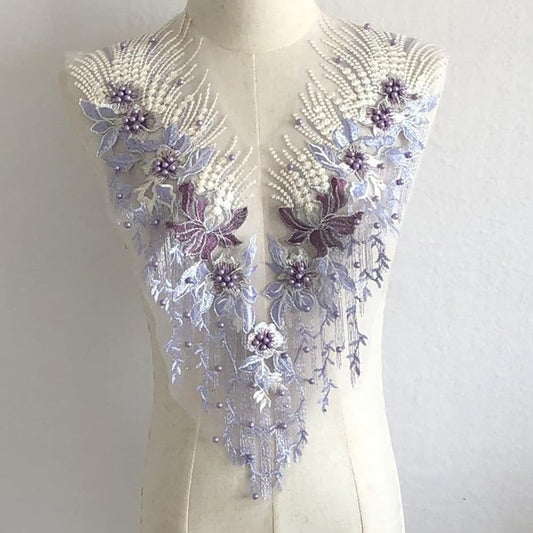 S.A.V.I 3D Embroidered Applique Patch – Purple Lavender  Gold Pearl Mesh Lace – 55x28cm Sew-On Floral Motif for Bridal Wear, Lehenga, Saree, Blouse, Gown, Ethnic Dress  DIY Craft Decoration