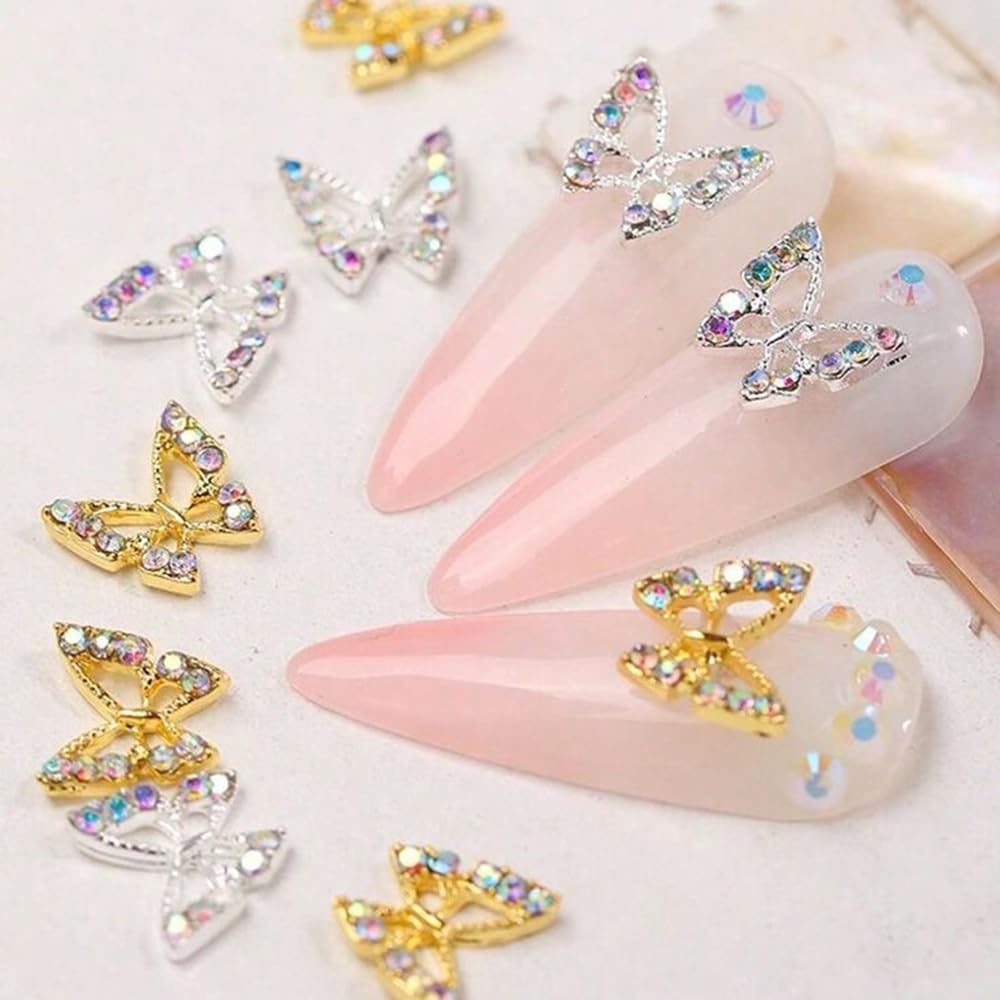 S.A.V.I 3D Butterfly Nail Art Charms for Women (10 Pcs, 10 × 9 mm) | Gold & Silver Alloy Rhinestone Nail Decorations | Reusable Sparkling Accessories for DIY Gel/Acrylic Extension & Salon Manicure