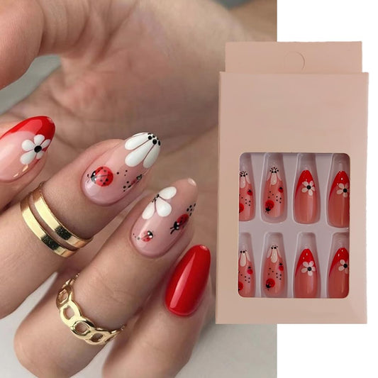 S.A.V.I 24Pc Floral Print Press-On Nails - Nude  Red Long Round, Adhesive Tabs