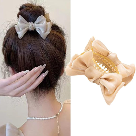 S.A.V.I Beige Bow Hair Claw Clip for Women  Girls | Elegant Satin Silk Updo Clutcher | Strong Hold, Non-Slip Grip | Stylish Hair Accessory for Weddings, Parties  Daily