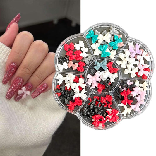 S.A.V.I 70 Pcs 3D Bow Nail Art Decorations Set – Mixed Colour Acrylic Bows in Multiple Sizes & Shapes, Round Storage Box for DIY Nail Design, Manicure & Salon Nail Accessories