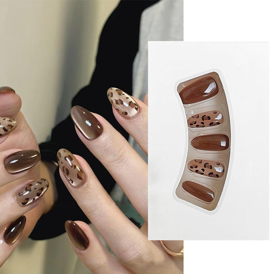 S.A.V.I Long Almond Cat Eye Brown Press-On Nails | 30 Reusable Pieces with Leopard Print Design | Includes Nail Glue & Adhesive Tabs for Salon-Look Manicure at Home