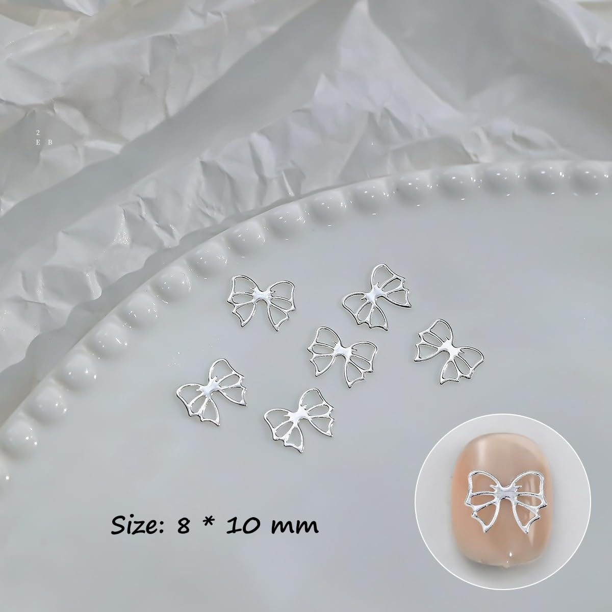 S.A.V.I Silver Alloy Nail Art Charms Set – 7 Designs Bow & Heart Shapes, 8x10mm | 3D Metal Nail Decorations for Women & Girls | Manicure Accessories in Round Storage Box
