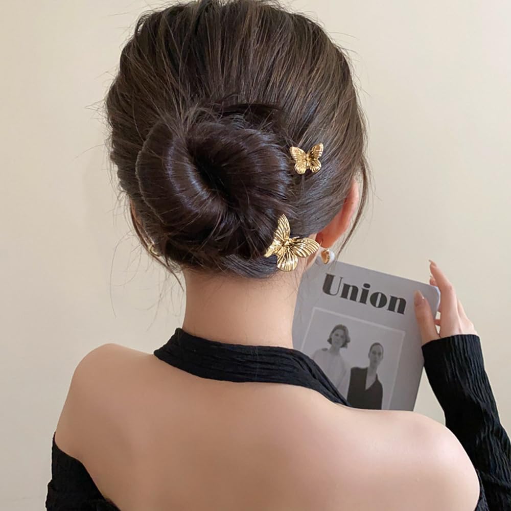 S.A.V.I 1 Pair Golden Butterfly Hair Pins for Women & Girls | Stylish Metal Bobby Pins | Trendy Gold Finish Hair Clips for Bun, Party & Wedding Hairstyles | Elegant Hair Accessories
