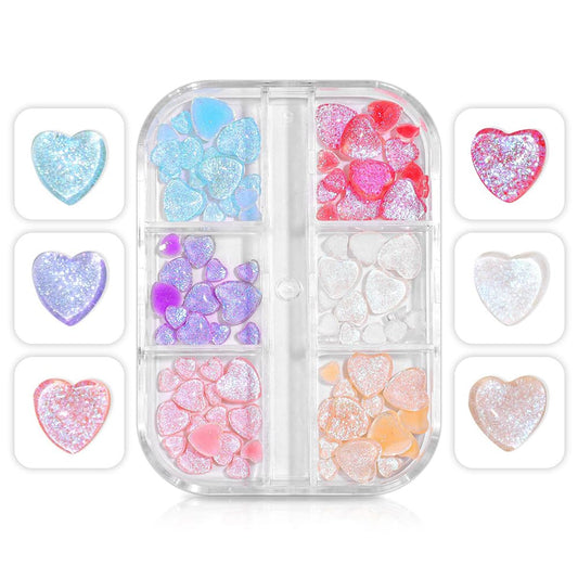 S.A.V.I 3D Glitter Heart Nail Art Decorations – Multi-Color Sparkly Nail Charms, 2 Sizes – Acrylic  Manicure Designs – Trendy DIY Nail Accessories with Shiny Glitter Hearts in Compact Box