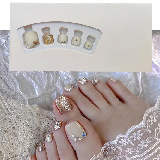 S.A.V.I 24pcs Nude Glitter 3D Crystal Press-On Toe Nails, Pedicure False Nails, Easy Application