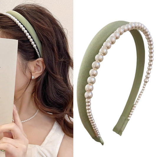 S.A.V.I Women’s Green Satin Hairband with Pearls | Stylish Double Layered Padded Headband for Girls | Trendy & Comfortable Hair Accessory for Daily, Weddings, Parties & Gifting