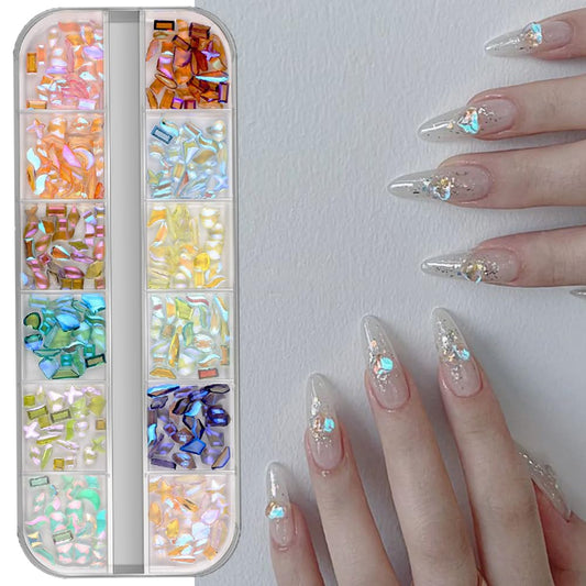 S.A.V.I Aurora 3D Nail Art Rhinestones – 12-Grid Box | Multicolor Resin Crystals | Color-Changing Flatback Charms | Mixed Shapes  Sizes for DIY Nail Decoration, Manicure, Acrylic Nail Styling