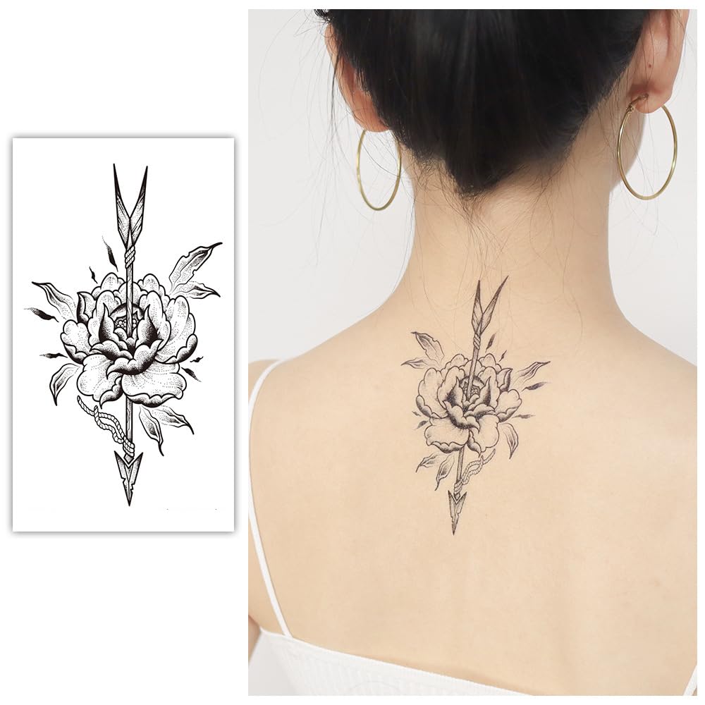 S.A.V.I 3 Pcs Large Floral Temporary Tattoos for Women – 16x9 cm Black Waterproof Body Art – Safe Non-Toxic Long-Lasting Arm, Back, Neck Tattoo Stickers – Mandala, Moon, Arrow Designs (02)