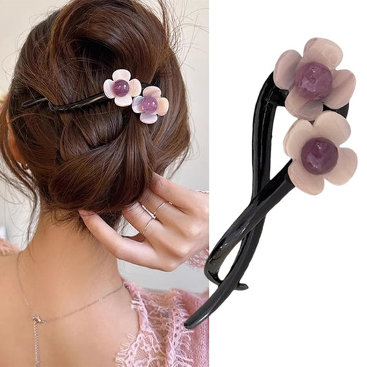 S.A.V.I Stylish 11cm Pink Floral Hair Clutcher for Women | Black Acrylic Hair Clip with Dual Flower Design | Strong Grip Clutch for Daily, Office, Casual & Party Hairstyles