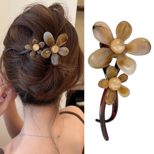S.A.V.I Brown Floral Hair Clip for Women & Girls | 13cm Resin Tortoise Shell Claw Clip | Stylish Flower Hair Accessory for Bun, Daily, Party | Strong Grip, Elegant Look