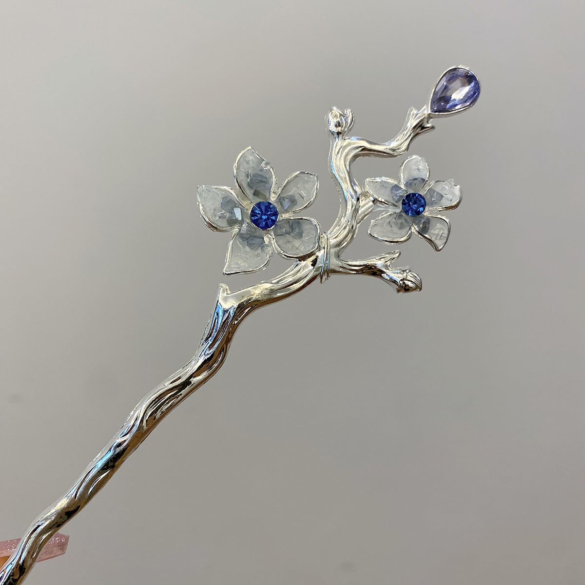 S.A.V.I Silver Cherry Blossom Hair Stick for Women & Girls | 16cm Floral Bun Pin with Crystal Accents | Elegant Traditional & Party Hair Accessory