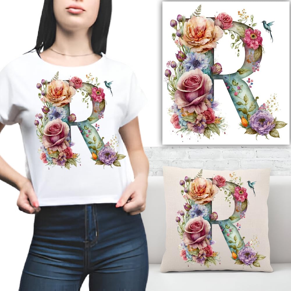 S.A.V.I 1PC Floral Alphabet Iron-On Patch – Washable Heat Transfer Sticker for DIY T-Shirts, Jeans, Pillows, Backpacks, Hats – Easy Applique with Beautiful Flower Design – Clothing  Accessories Patch (R)