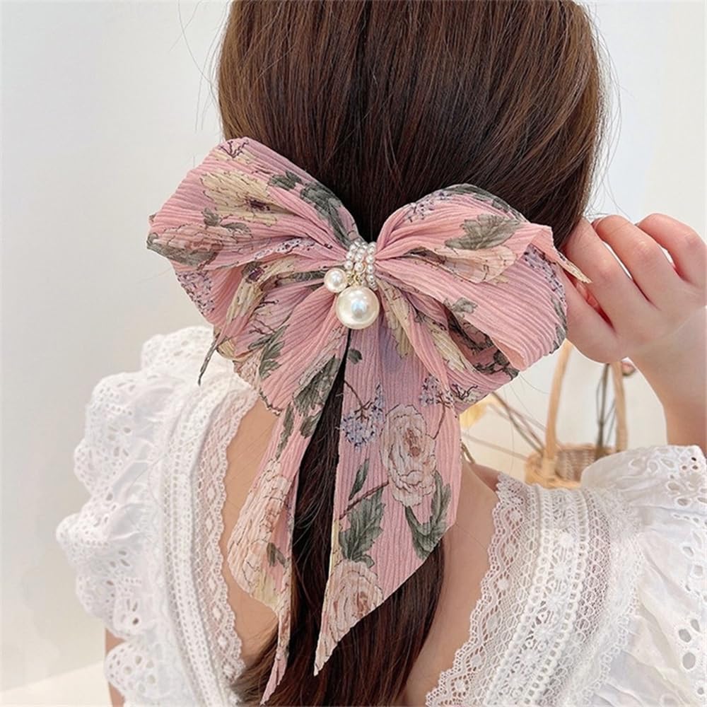 S.A.V.I Pink Floral Big Bow Hair Clip for Women & Girls | 17x15 cm Pleated Korean Style Barrette with Pearl Beads | Stylish Hair Accessory for Long Hair, Daily & Party