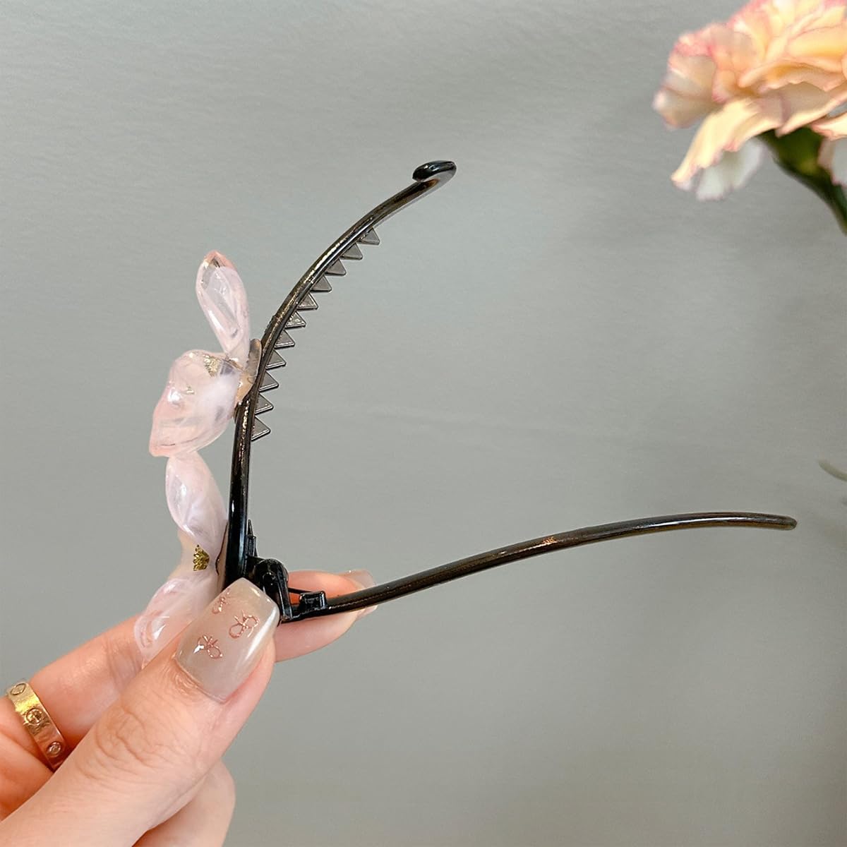 S.A.V.I Trending Pink Flower Hair Clip for Women & Girls | Elegant 12.7 cm Long Black Plastic Hairpin with Dual Resin Floral Design | Durable Grip Stylish Hair Accessory for Party, Wedding, Daily