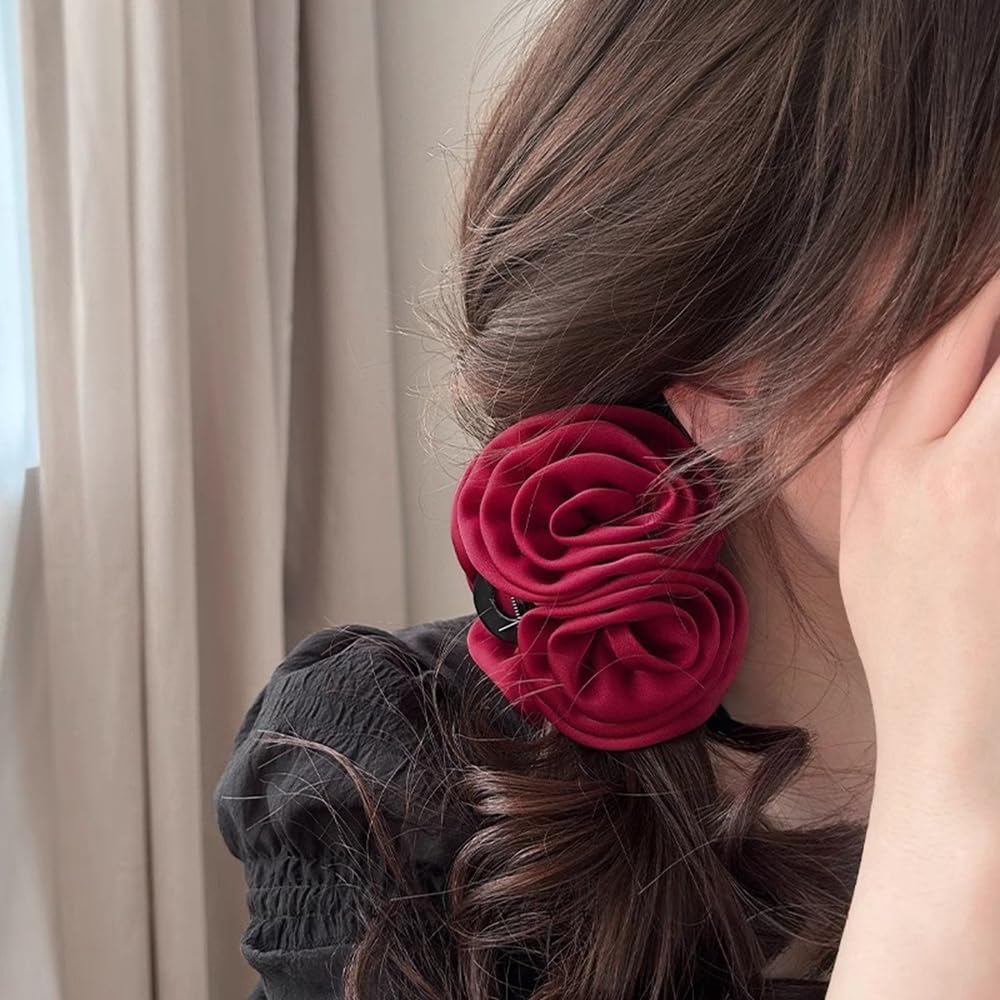 S.A.V.I Red Rose Hair Claw Clip for Women & Girls | Elegant Fabric Flower Design | Strong Grip Clutcher with Metal Spring | Stylish Hair Accessory for Daily, Wedding & Party (5.1 Inch)