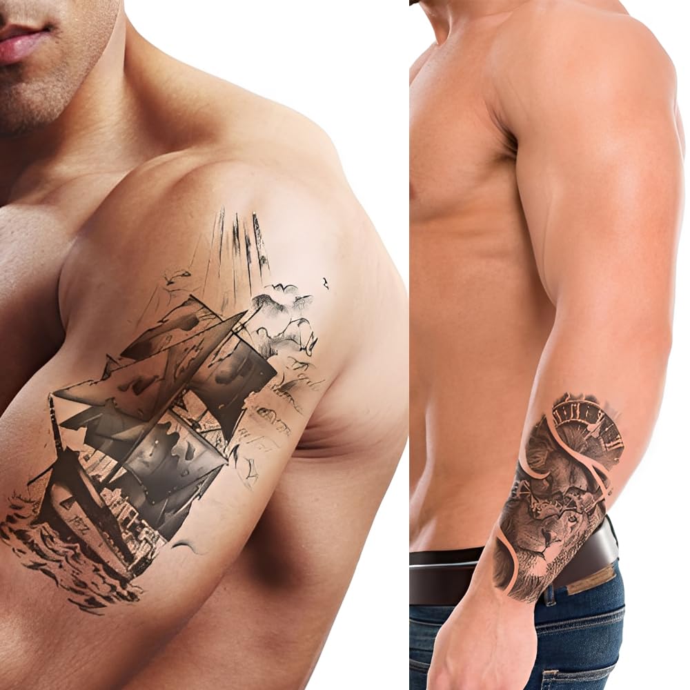 S.A.V.I 3 Large Realistic Temporary Tattoo Sheets for Men & Women – Waterproof, Non-Toxic Body Art Stickers – Lion, Ship, Skull with Raven – 21x10 cm Long Lasting Arm & Back Tattoos