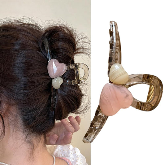 S.A.V.I Heart Shape Hair Claw Clip for Women & Girls | Acrylic Transparent Dual Marble Hearts | Stylish Beige & Pink Hair Accessory | Strong Grip for Daily & Party | 13cm