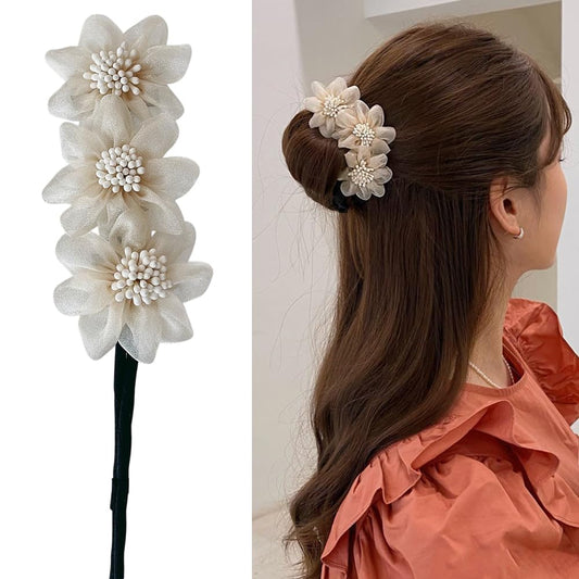 S.A.V.I Elegant Beige Lace Flower Hair Stick | Handmade Floral Hairpin for Women | Bridal Bun Decor | 26cm Long Hair Accessory for Hairstyles
