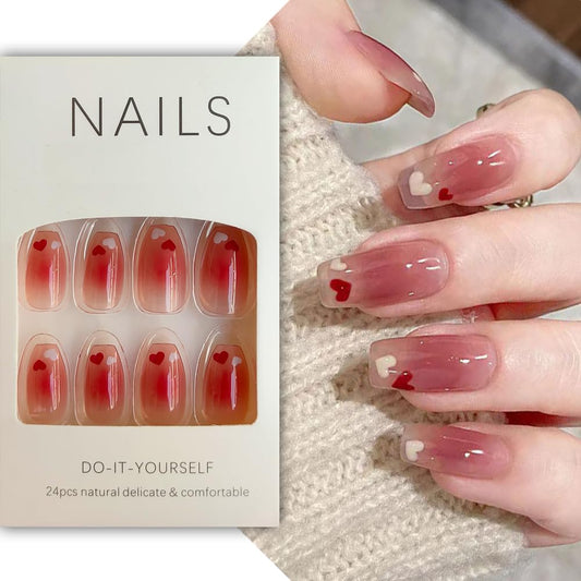 S.A.V.I 24 PCS Heart Print Long Square Press-On Nails - Reusable with Glue  Tape