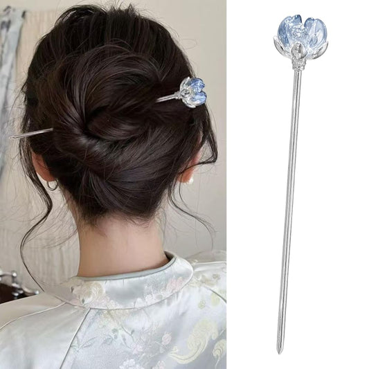 S.A.V.I Silver Hair Bun Stick Pin for Women | 13.5cm Metal Juda Stick with Transparent Crystal Flower | Elegant Floral Hair Accessory for Party, Bridal & Traditional