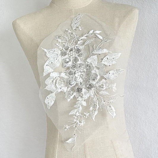 S.A.V.I 3D Floral Lace Applique Patch – Handcrafted Beaded  Sequined Embroidery (14.5x9 in) for Bridal Wear, Sarees, Lehengas, Gowns, Blouses  DIY Craft Sewing – 1PC Elegant Fabric Patch (White)