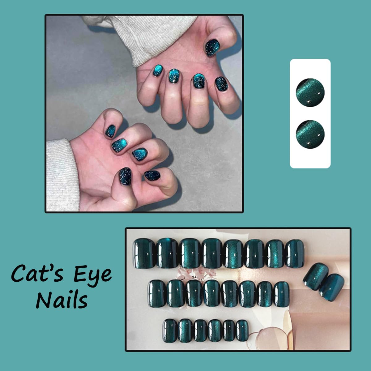 S.A.V.I 24 Pcs Blue Cat’s Eye Press On Nails | Short Natural Shape Fake Acrylic Hand Nails with Glue & Adhesive Tabs | Reusable Nail Art Kit for Women & Girls (Trendy & Easy to Apply)