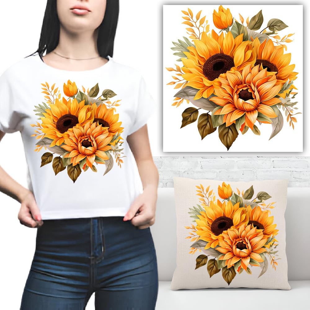 S.A.V.I Sunflower Iron-On Patch for T-Shirts, Hoodies, Denim, Pillows | DIY Washable Heat Transfer Sticker | 8.5x7 Inch Vibrant Floral Design for Customizing Clothing  Accessories | Easy to Apply