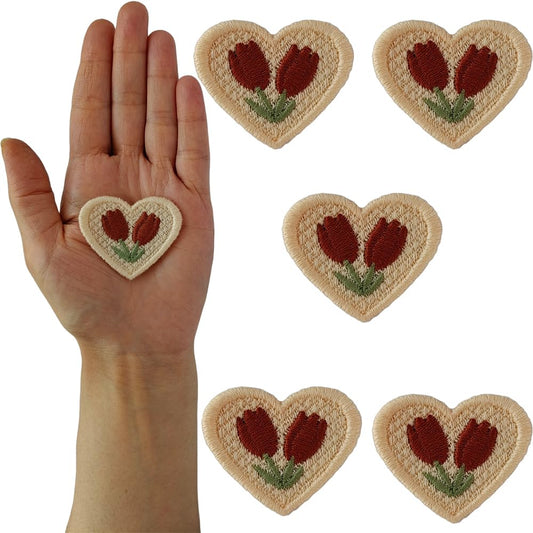 S.A.V.I Heart-Shaped Beige Embroidered Appliqué Patch, Pack of 5, Orange Tulip Design, Sew-On, Ideal for DIY Clothes, Dresses, Jackets, Bags, Sweaters, Caps, Crafts